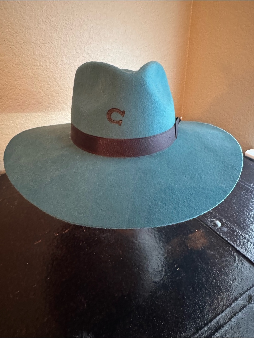 Wide Brim Teal Felt Fedora with Brown Band